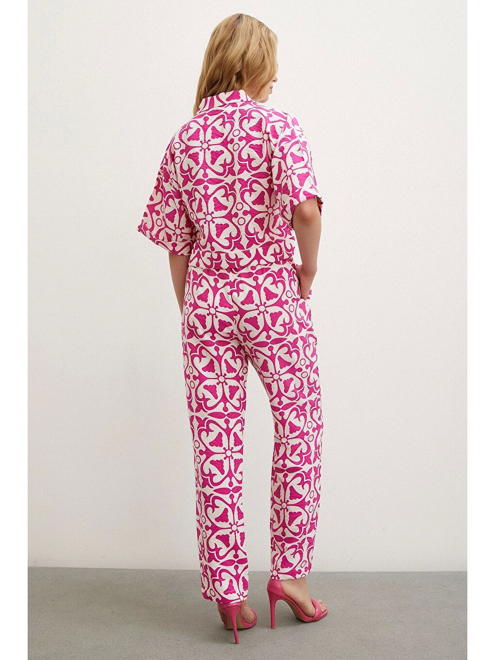 Beli Lastikli Boru Paça Pantolon Fuşya-1