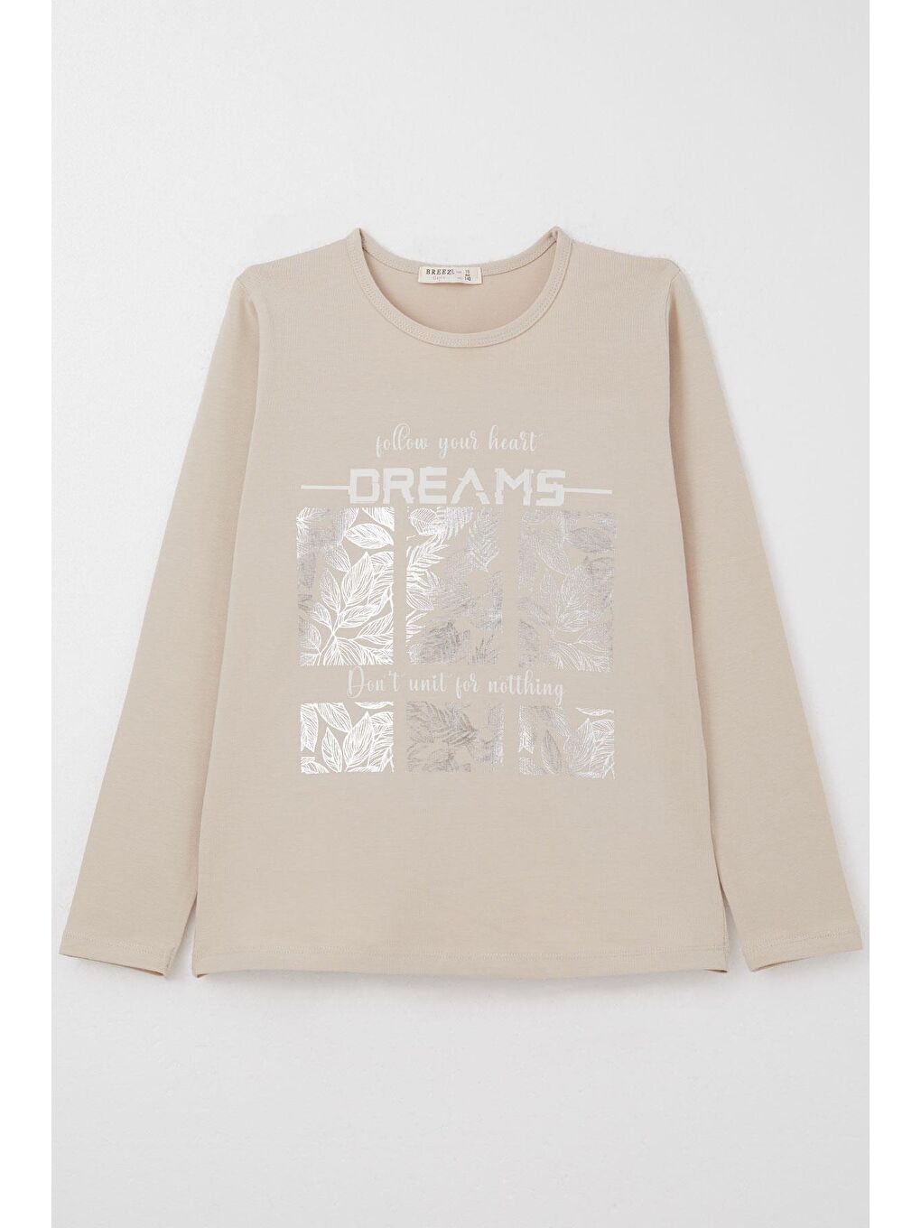 Kız Çocuk Uzun Kollu Tişört Yaldızlı Yaprak Desenli Bej (10 Yaş)