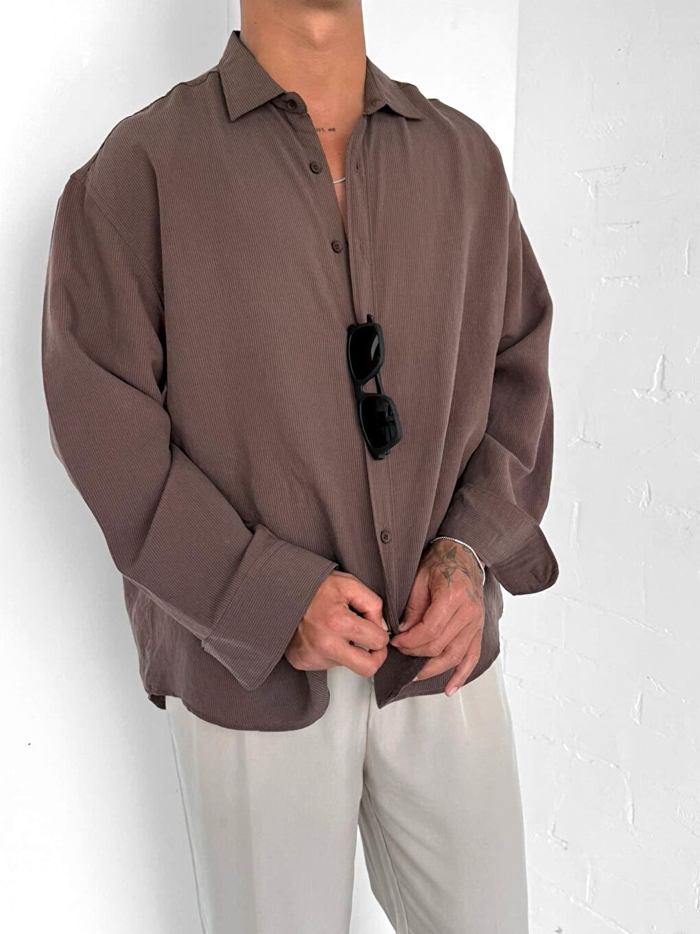 Erkek Premium Çizgili Uzun Kollu Oversize Gömlek Kahverengi-2