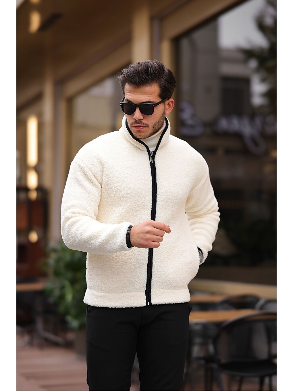 Ekru Yan Cepli Tam Fermuarlı Pelüş Sweatshirt-2