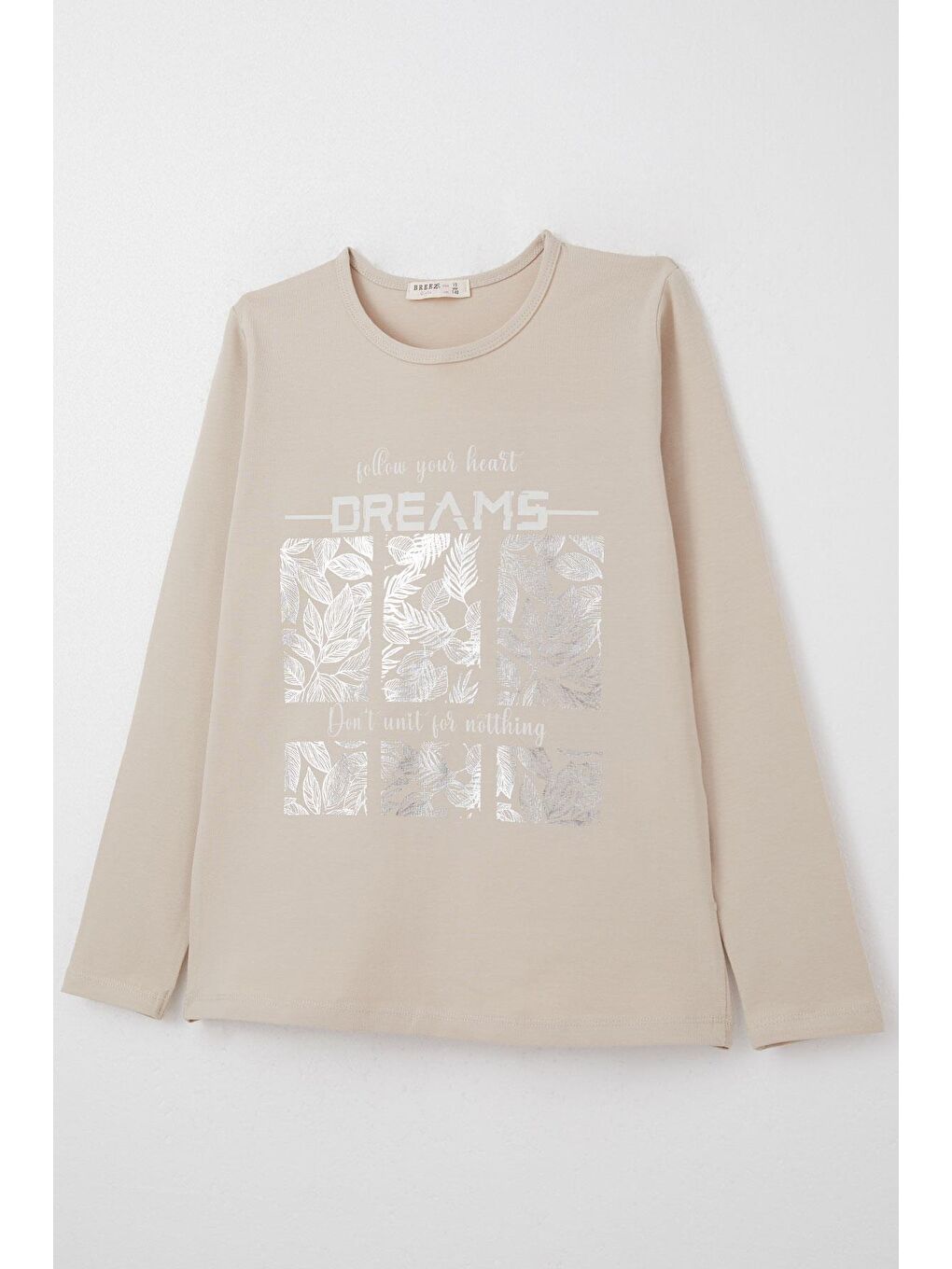 Kız Çocuk Uzun Kollu Tişört Yaldızlı Yaprak Desenli Bej (10 Yaş)-2