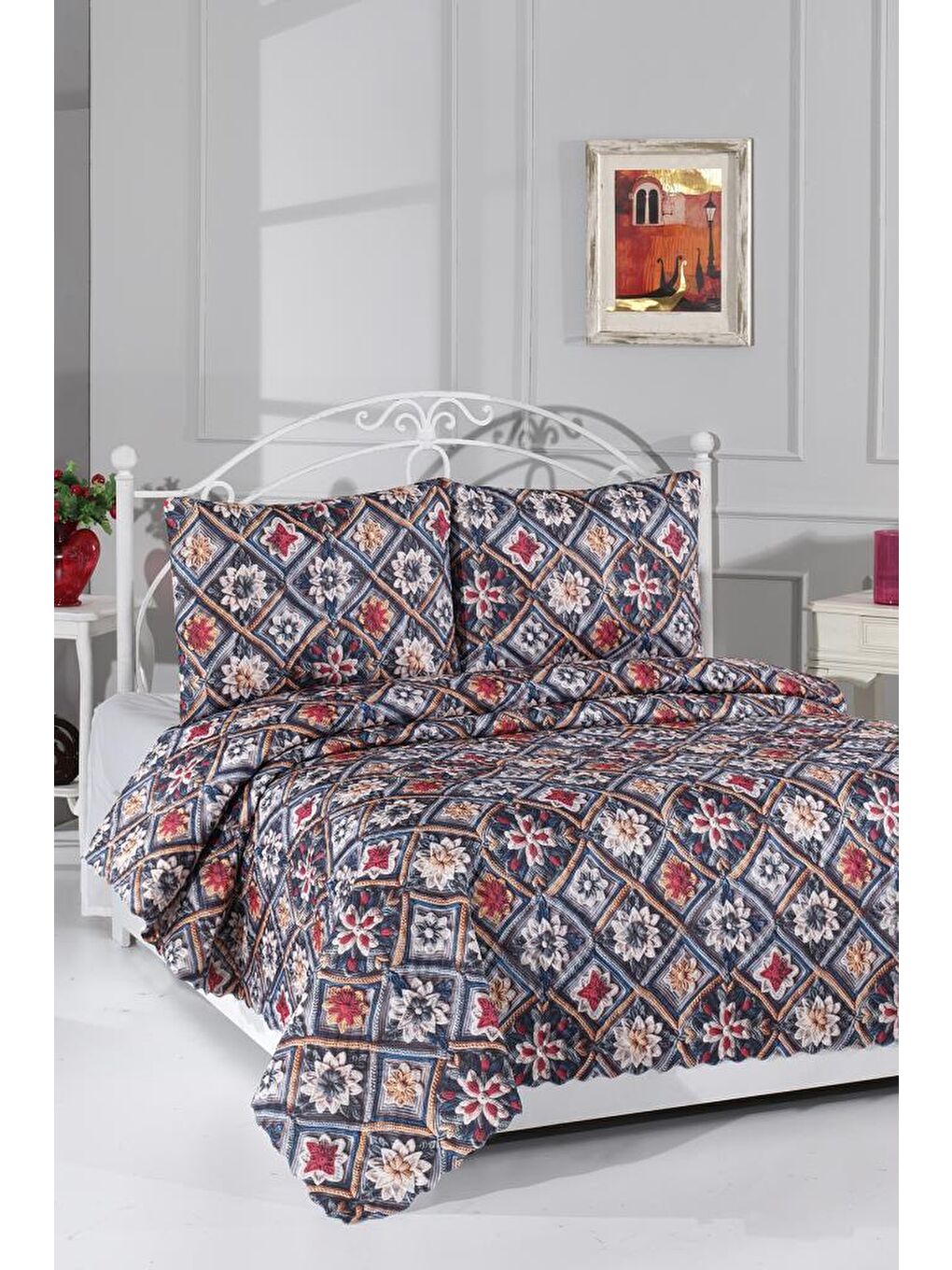 Karışık Floria Ultrasonik Kapitoneli 5D Baskılı Çift Kişilik Pike Takımı