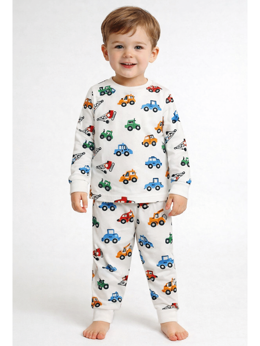 Ekru Bisiklet Yaka Uzun Kollu Erkek Bebek Pijama Takımı