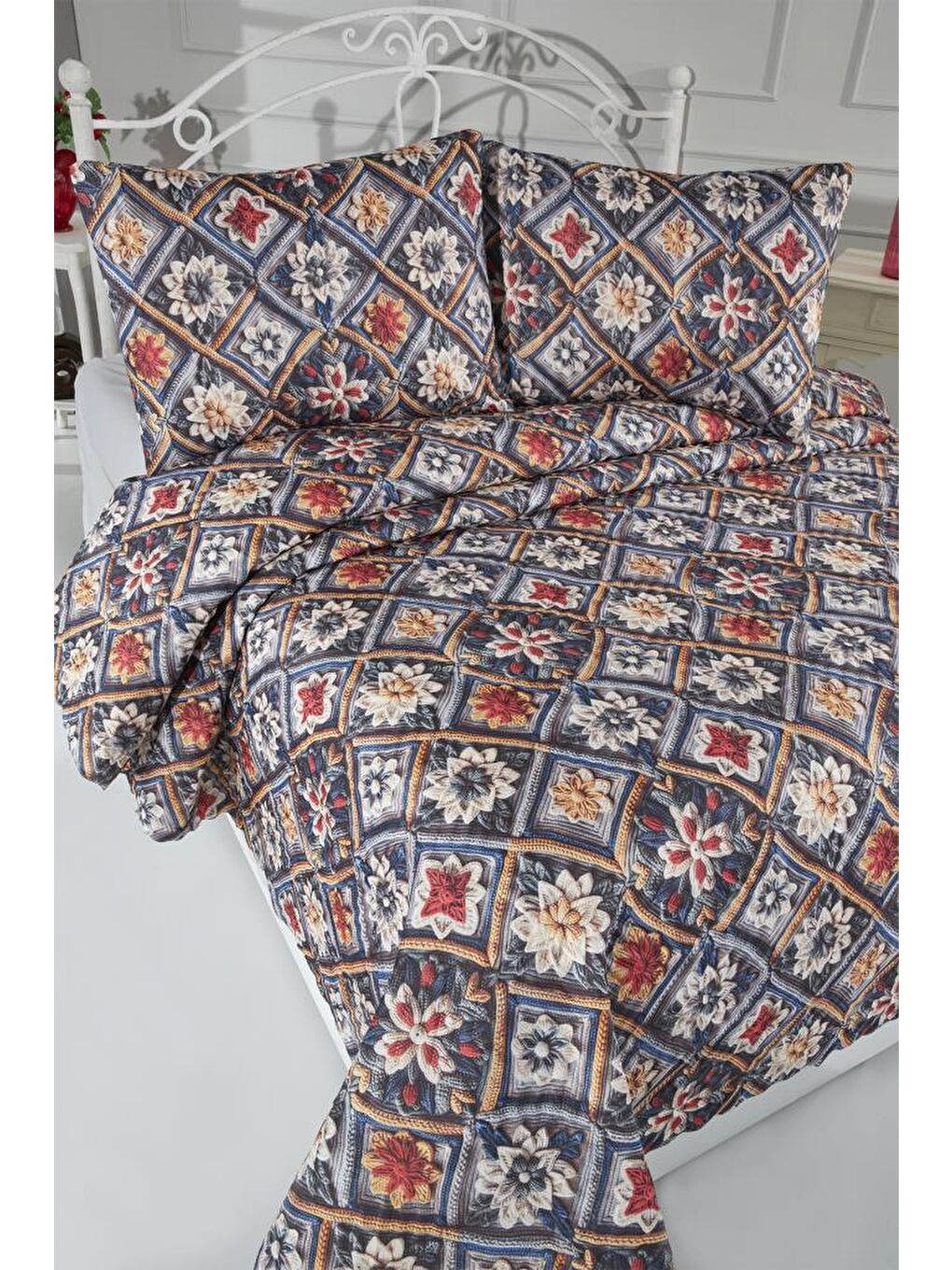 Karışık Floria Ultrasonik Kapitoneli 5D Baskılı Çift Kişilik Pike Takımı-1