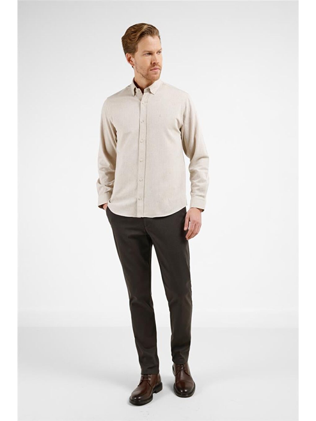 Bej - Taba Düğmeli Yaka Uzun Kol Cepsiz Slim Fit Pamuklu Gömlek 1004255233-1
