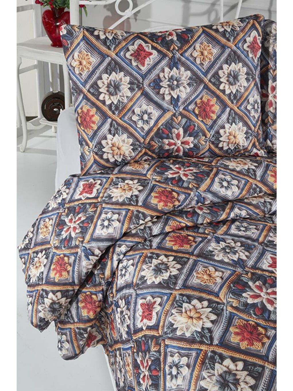 Karışık Floria Ultrasonik Kapitoneli 5D Baskılı Çift Kişilik Pike Takımı-4