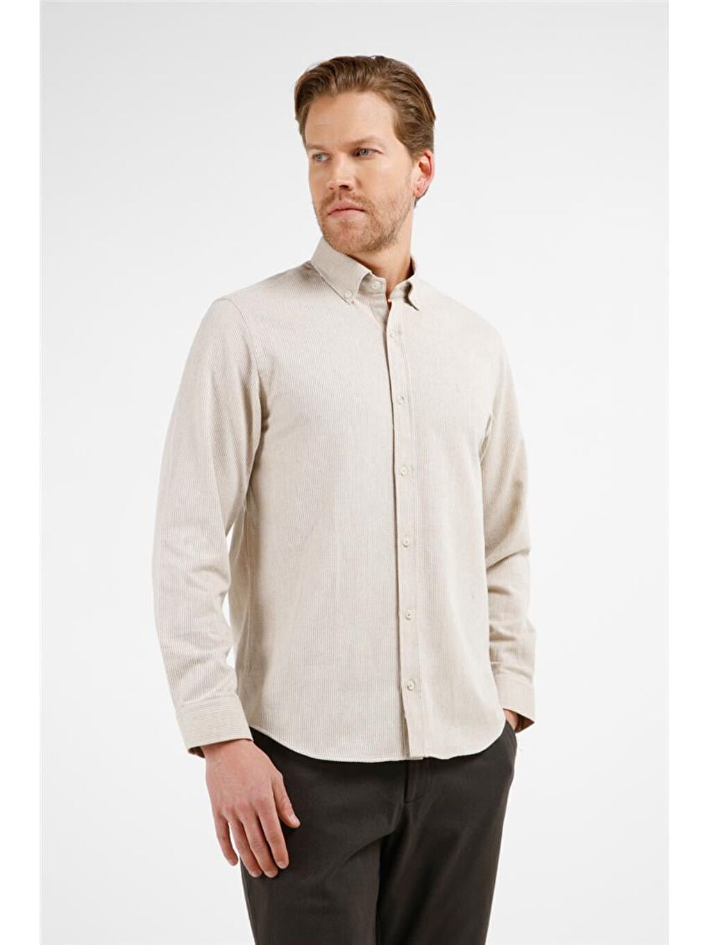 Bej - Taba Düğmeli Yaka Uzun Kol Cepsiz Slim Fit Pamuklu Gömlek 1004255233-2