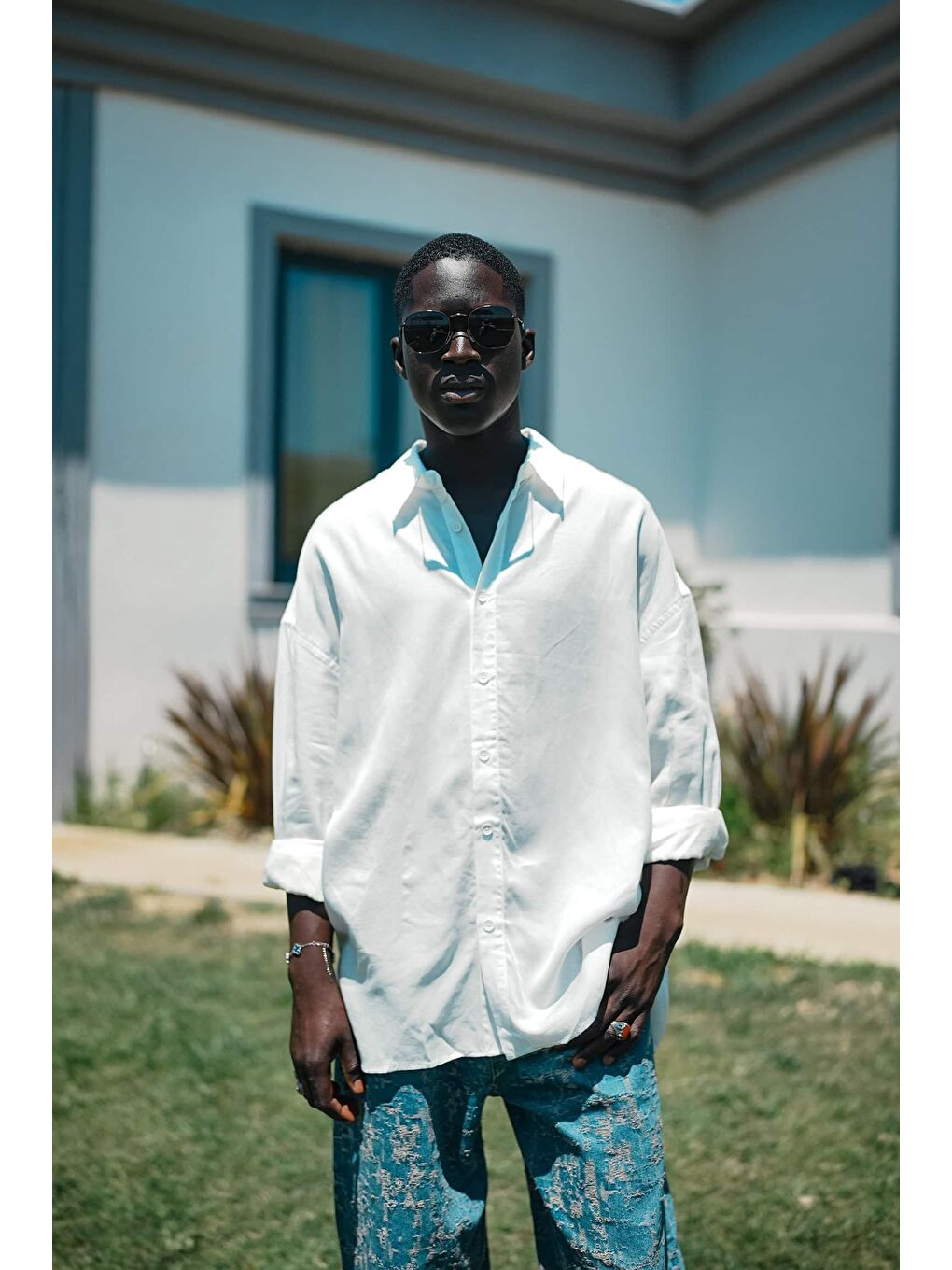 Erkek Soft Dokulu Basic Oversize Gömlek Beyaz