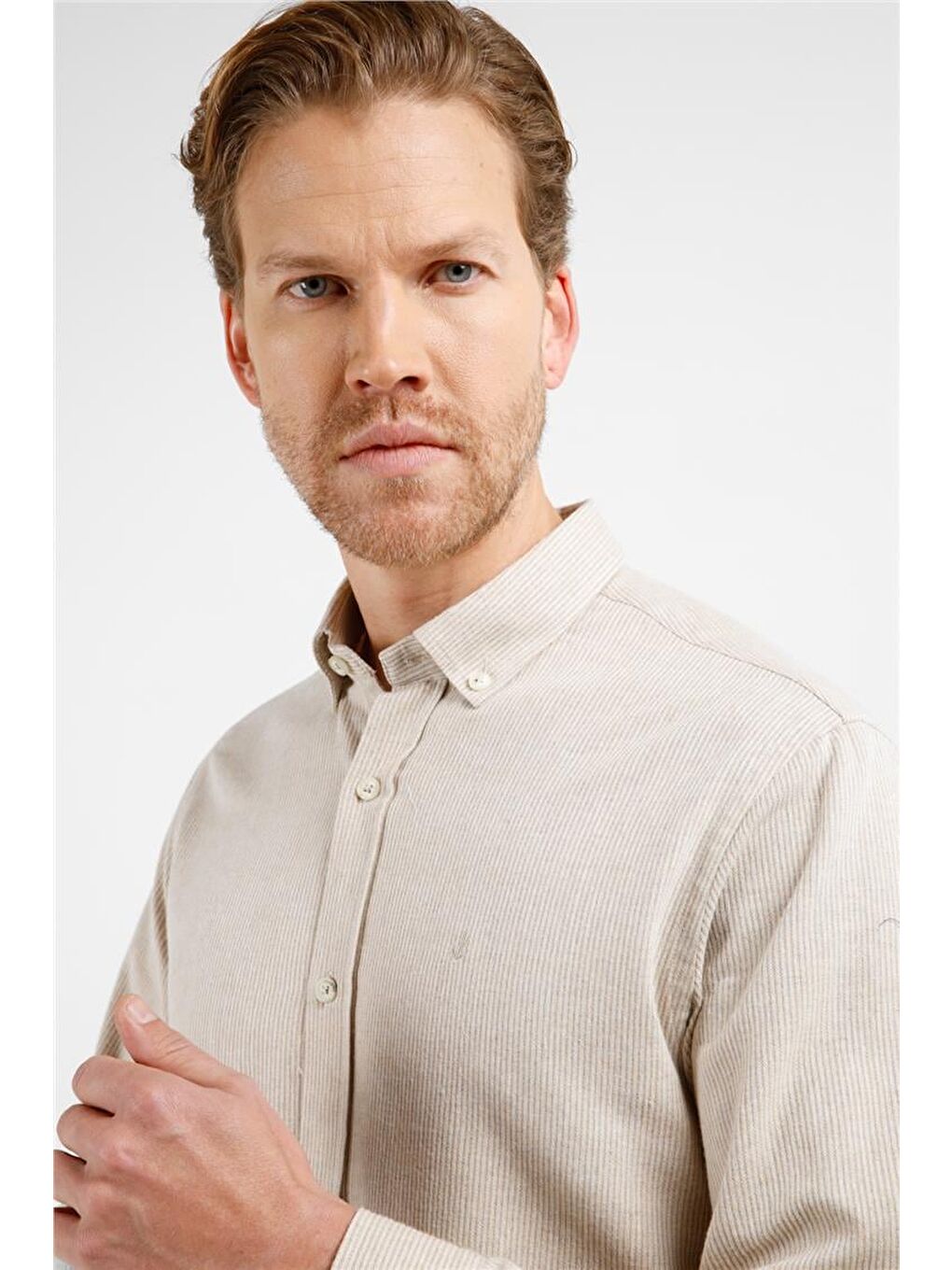 Bej - Taba Düğmeli Yaka Uzun Kol Cepsiz Slim Fit Pamuklu Gömlek 1004255233-3