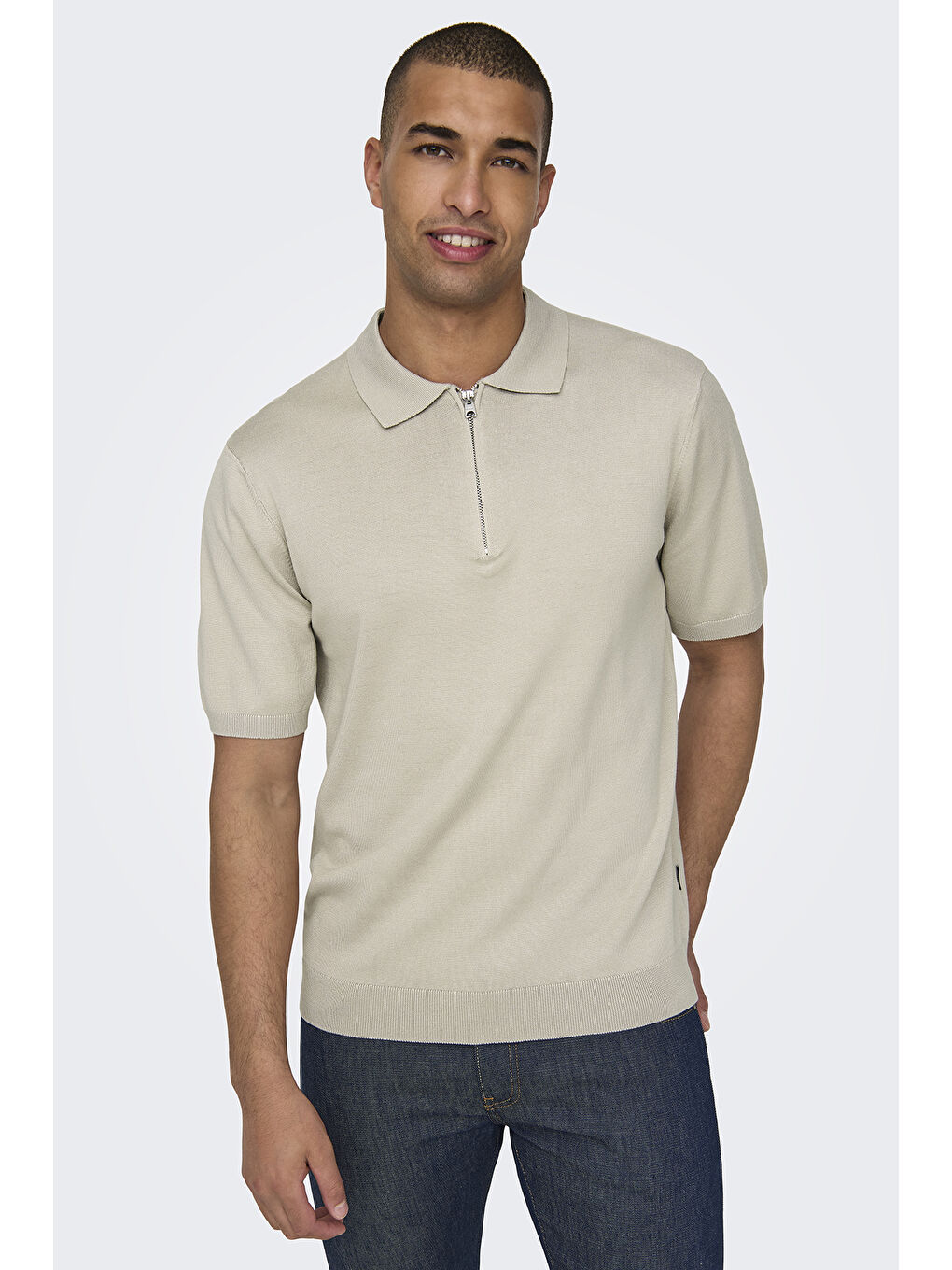 Bej Onswyler Regular Fit Yarım Fermuarlı Polo Yaka Tişört 22028606-2