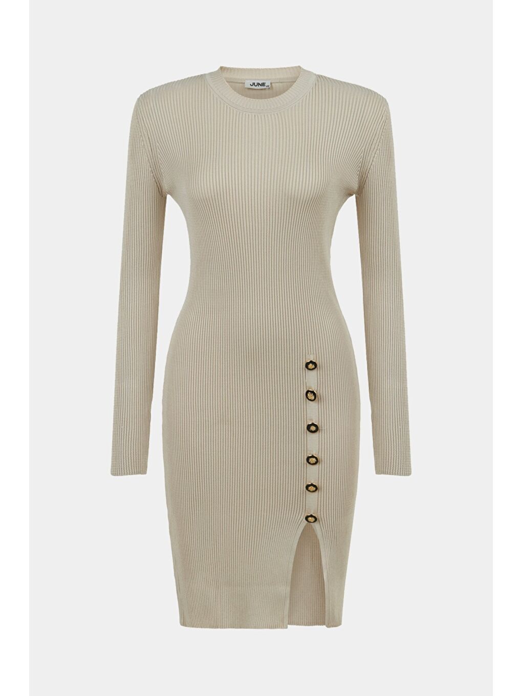 Bej Kadın Uzun Kollu Yırtmaç Detaylı Mini Triko Elbise