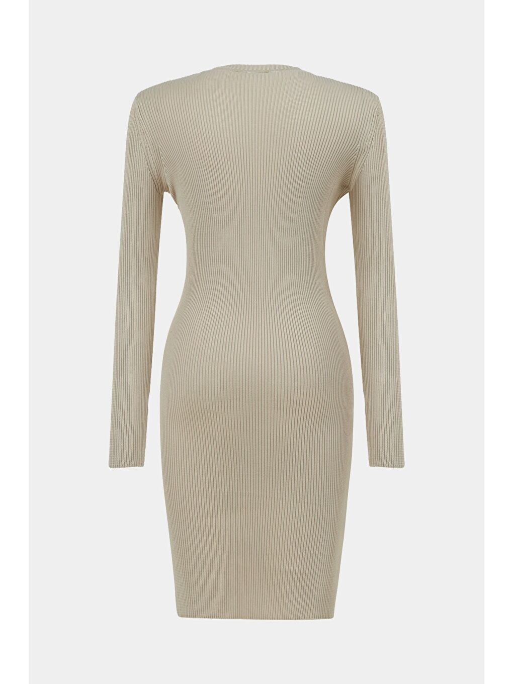 Bej Kadın Uzun Kollu Yırtmaç Detaylı Mini Triko Elbise-1