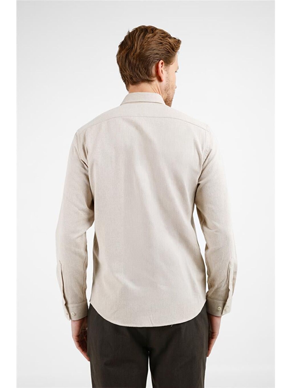 Bej - Taba Düğmeli Yaka Uzun Kol Cepsiz Slim Fit Pamuklu Gömlek 1004255233-4