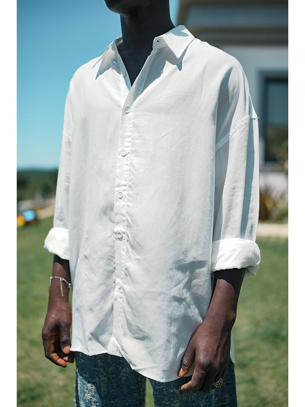 Erkek Soft Dokulu Basic Oversize Gömlek Beyaz-1