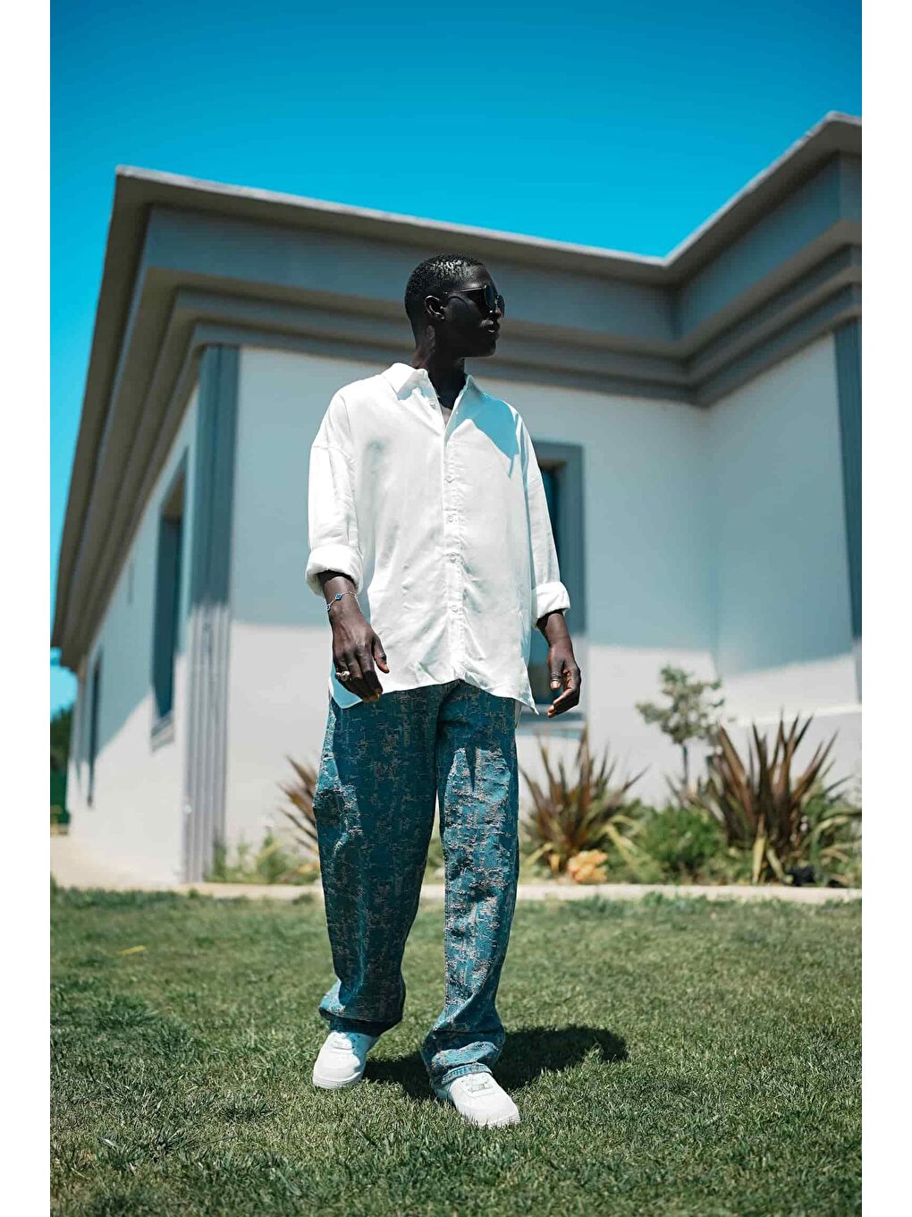 Erkek Soft Dokulu Basic Oversize Gömlek Beyaz-3