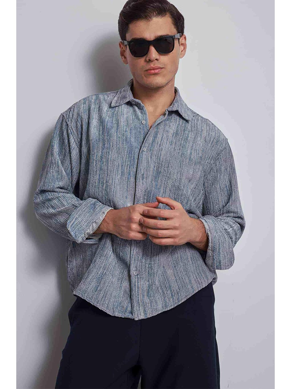 Erkek Oversize Kadife Dokulu Gömlek Mavi