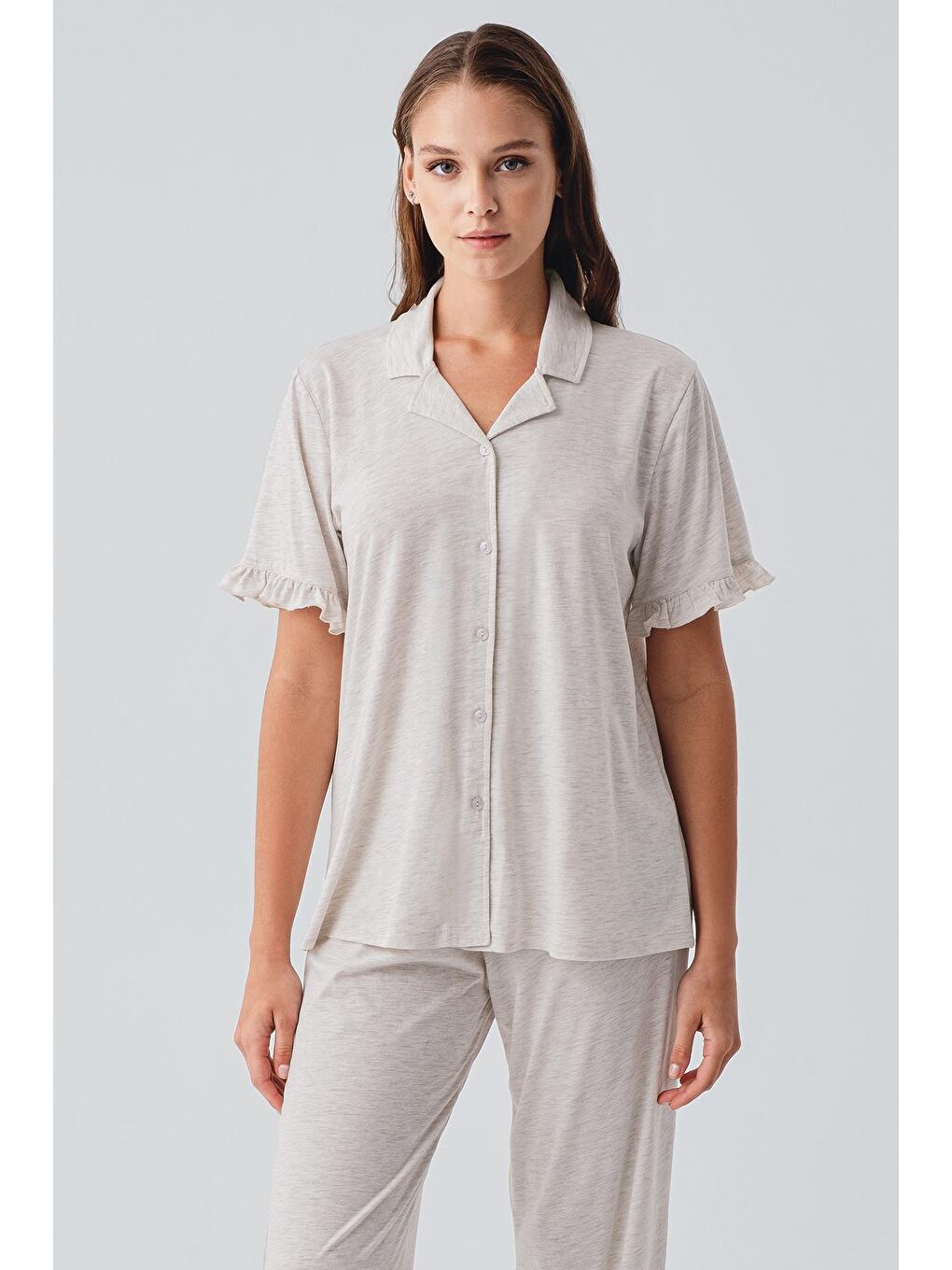 Bej Kısa Kollu Düğmeli Fırfırlı Pamuklu Pijama Takım 19219-4