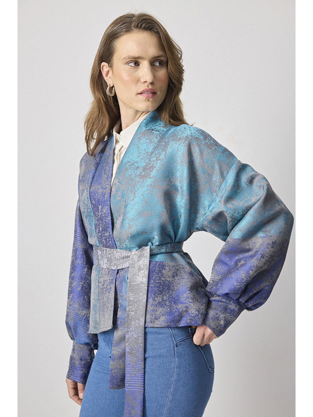 Mavi Desenli Saten Ceket-1