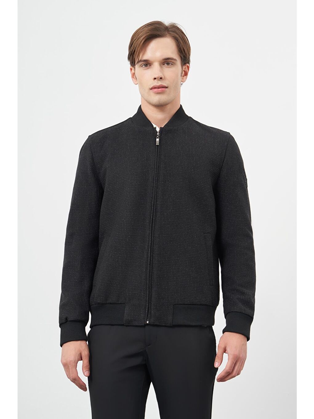 Siyah Kaşe Kolej Yaka Kendinden Desenli Yırtmaçsız Tam Astar Comfort Fit Classic Mont 1007245162-2