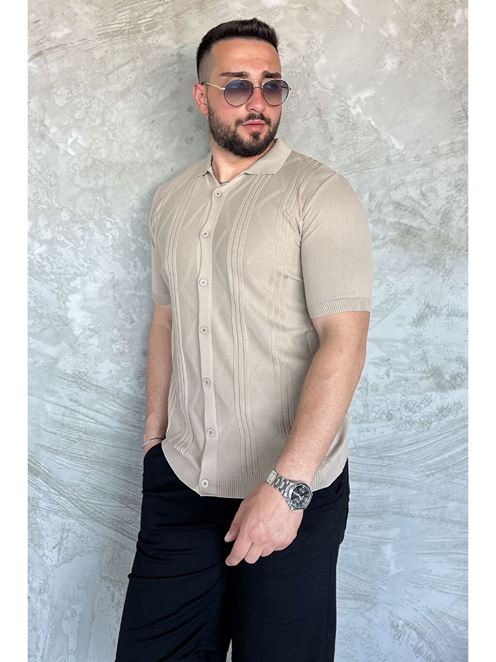 Bej Erkek Desenli Kısa Kol Triko Gömlek