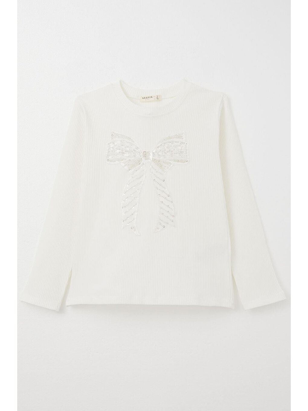 Kız Çocuk Uzun Kollu Tişört Tül Fiyonk Armalı Pullu Ekru (9-14 Yaş)
