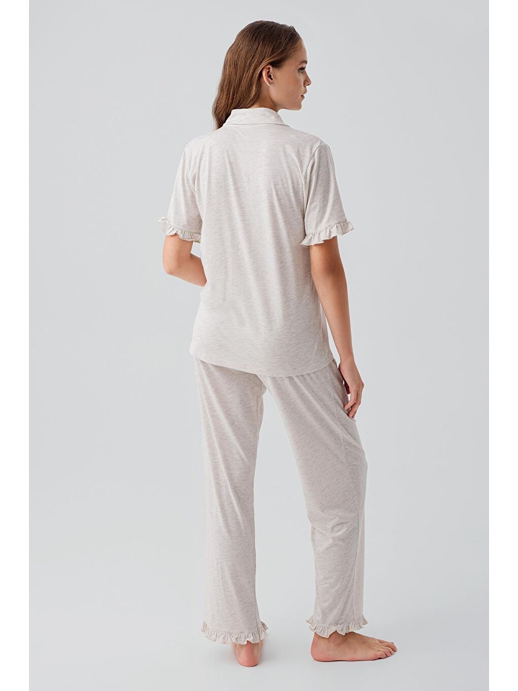 Bej Kısa Kollu Düğmeli Fırfırlı Pamuklu Pijama Takım 19219-6