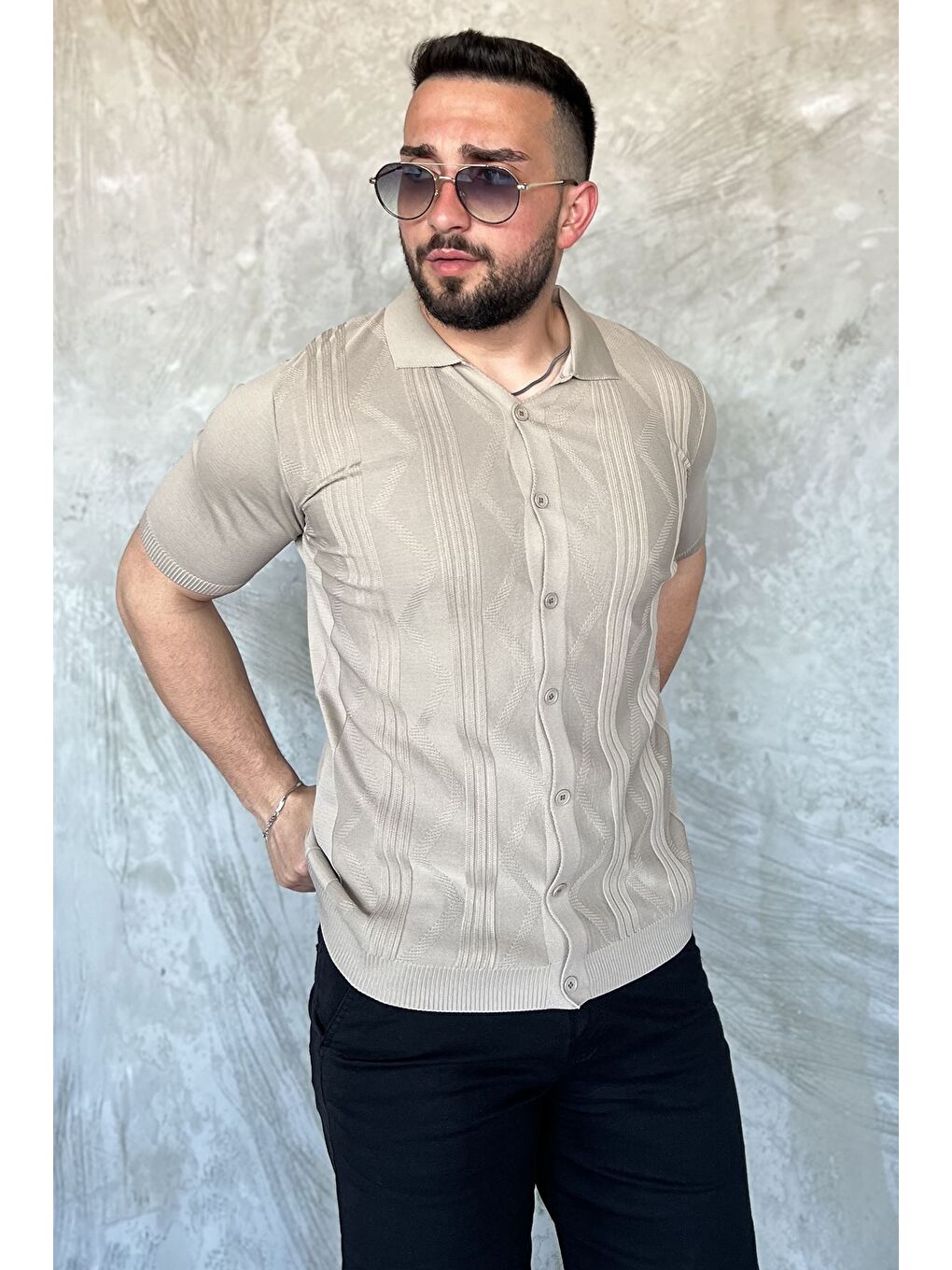 Bej Erkek Desenli Kısa Kol Triko Gömlek-1