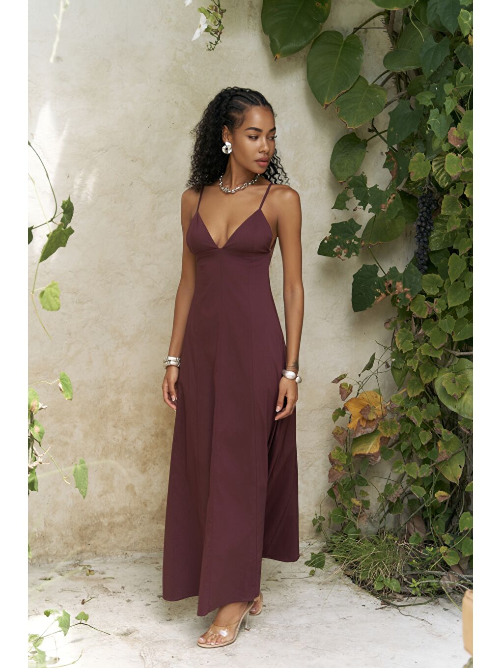 Onella Askılı Bordo Uzun Elbise