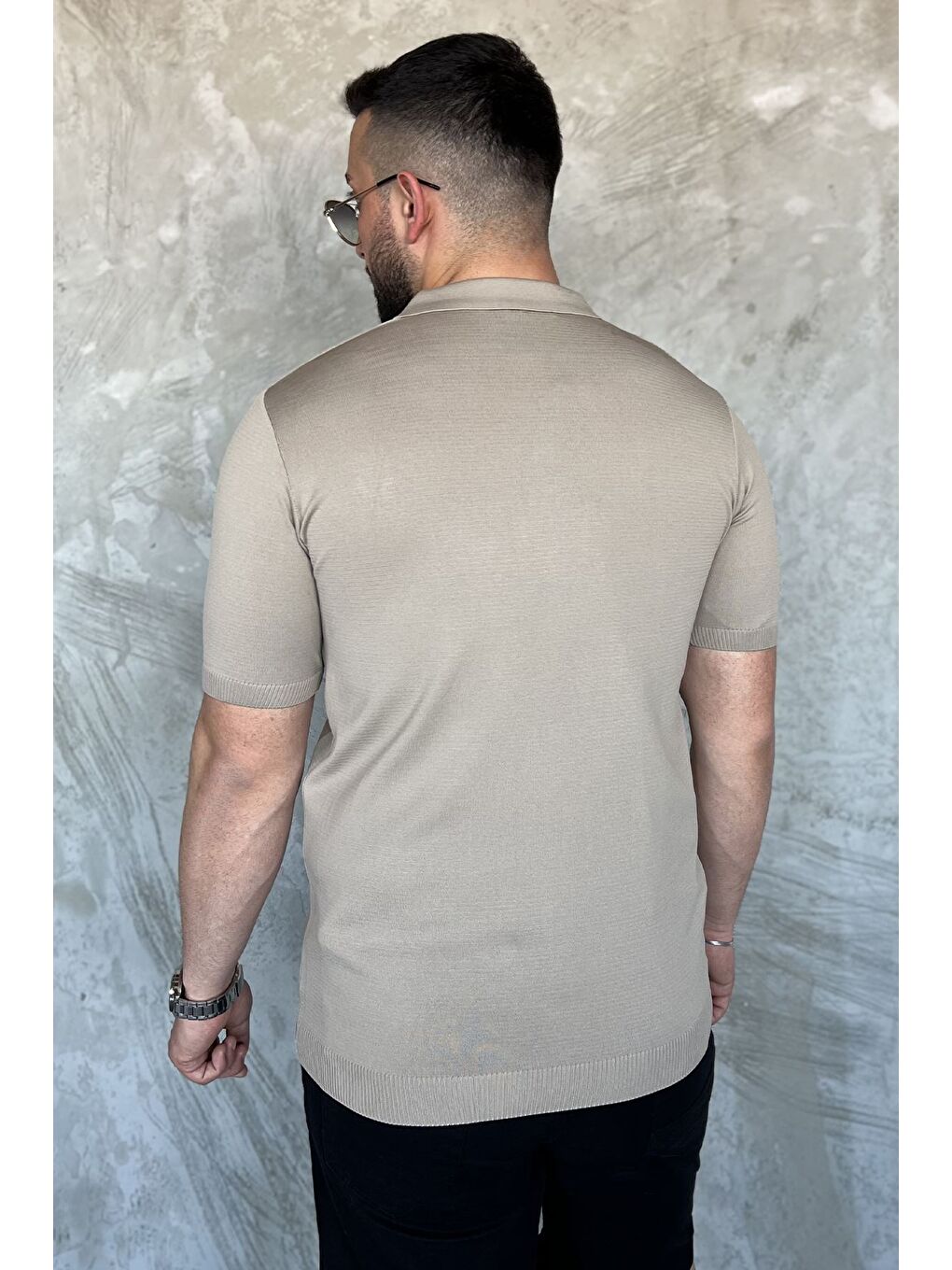 Bej Erkek Desenli Kısa Kol Triko Gömlek-2