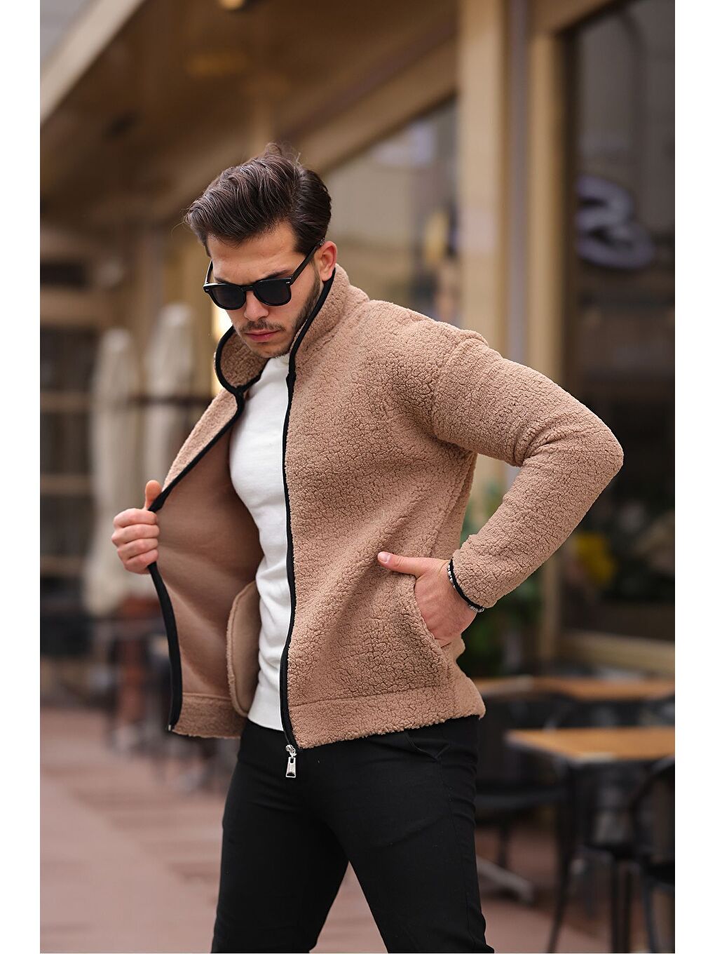 Bej Yan Cepli Tam Fermuarlı Pelüş Sweatshirt