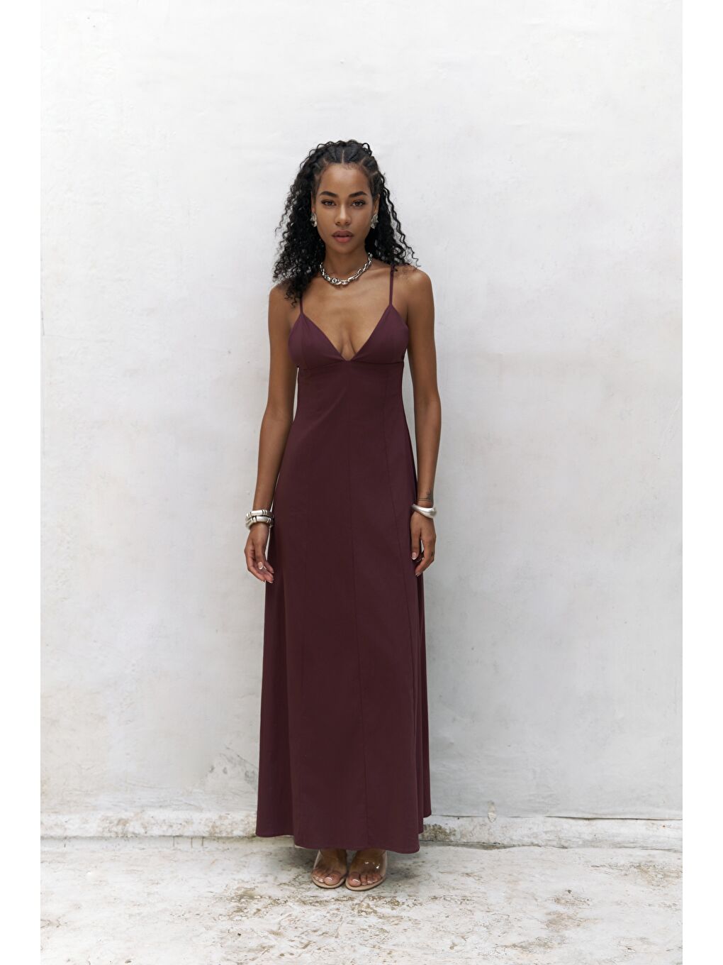 Onella Askılı Bordo Uzun Elbise-1