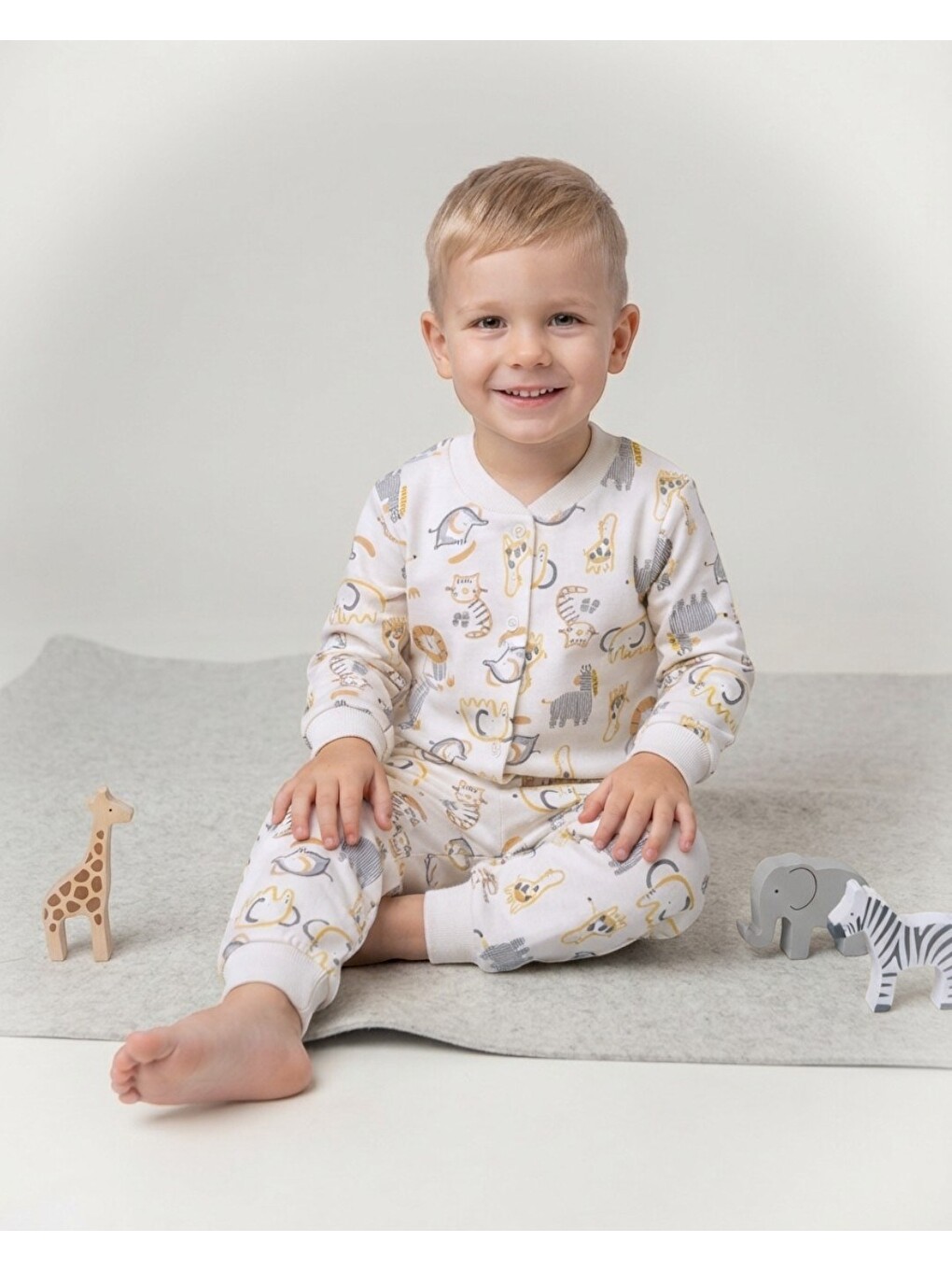 Ekru Erkek Çocuk Çıtçıtlı Hayvanlar Baskılı 0-6 Yaş %100 Pamuklu Mevsimlik Pijama Takımı-1