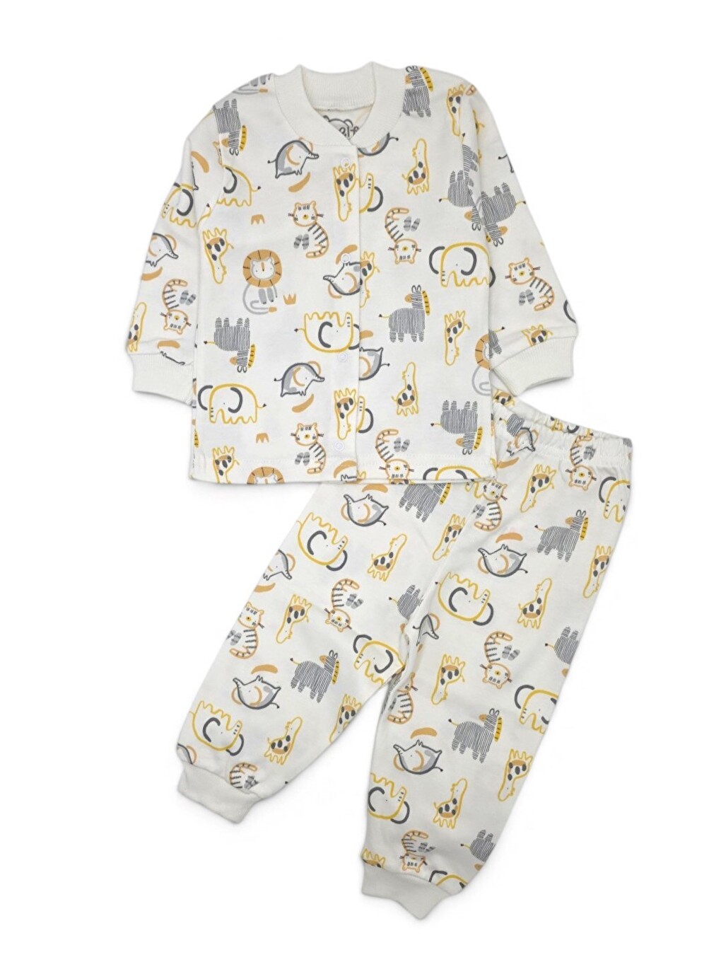 Ekru Erkek Çocuk Çıtçıtlı Hayvanlar Baskılı 0-6 Yaş %100 Pamuklu Mevsimlik Pijama Takımı-2