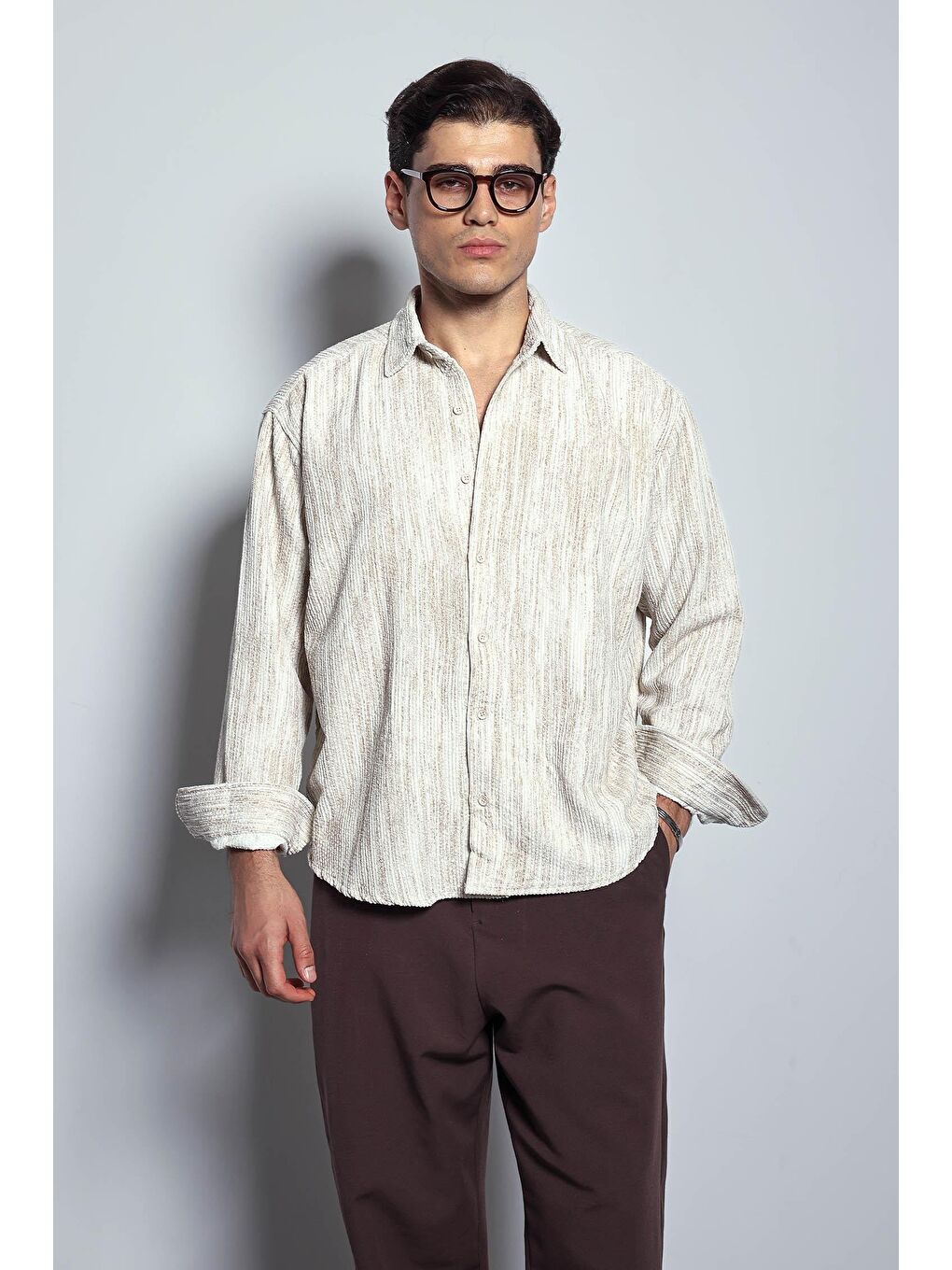 Erkek Oversize Kadife Dokulu Gömlek Bej-7