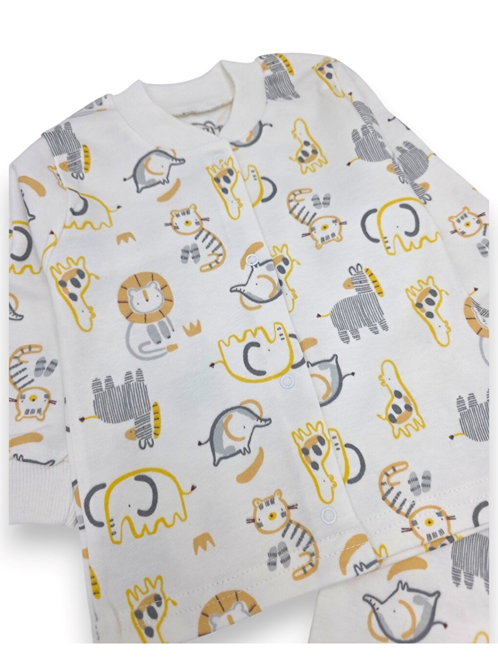 Ekru Erkek Çocuk Çıtçıtlı Hayvanlar Baskılı 0-6 Yaş %100 Pamuklu Mevsimlik Pijama Takımı-4