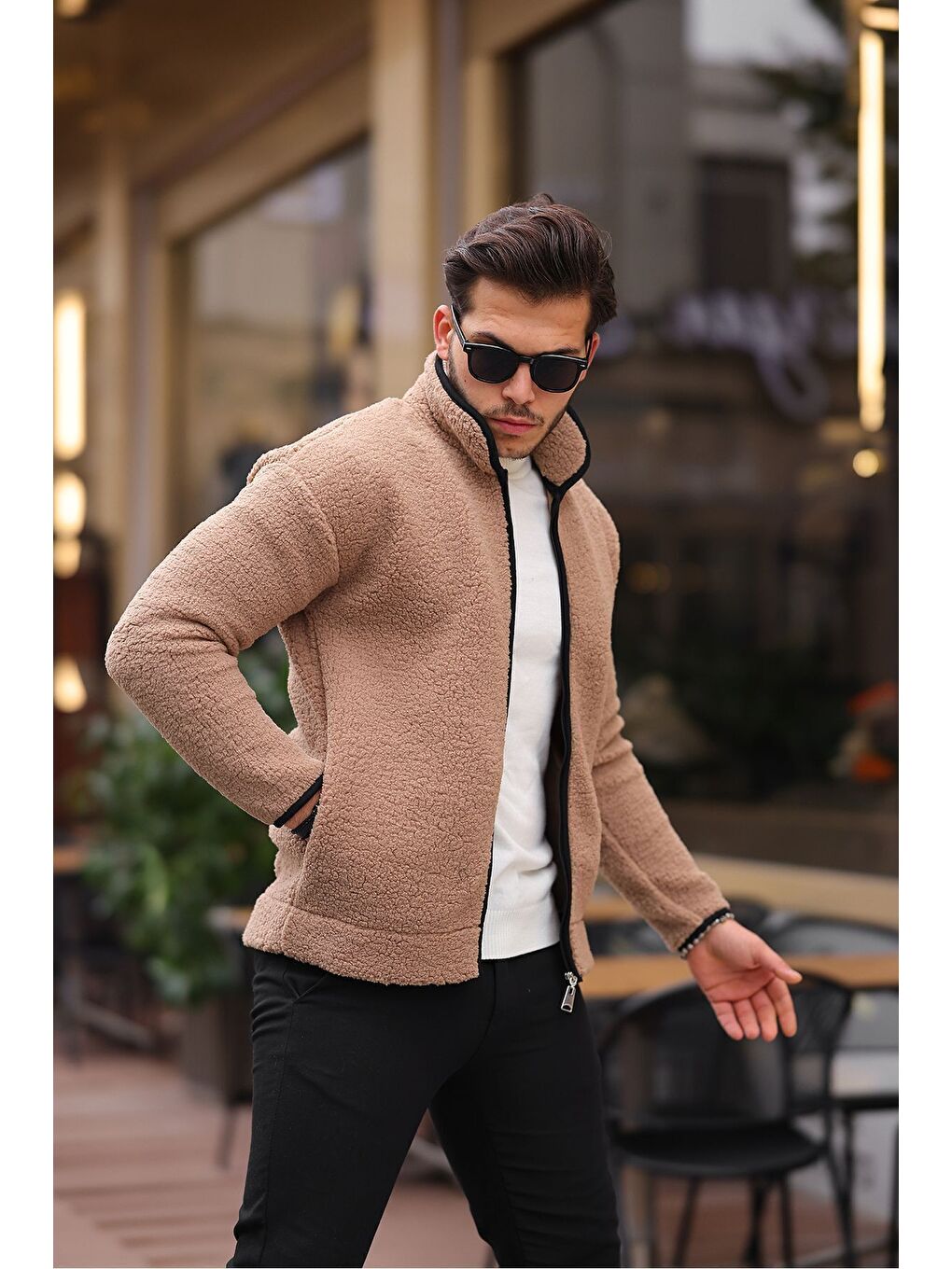 Bej Yan Cepli Tam Fermuarlı Pelüş Sweatshirt-1