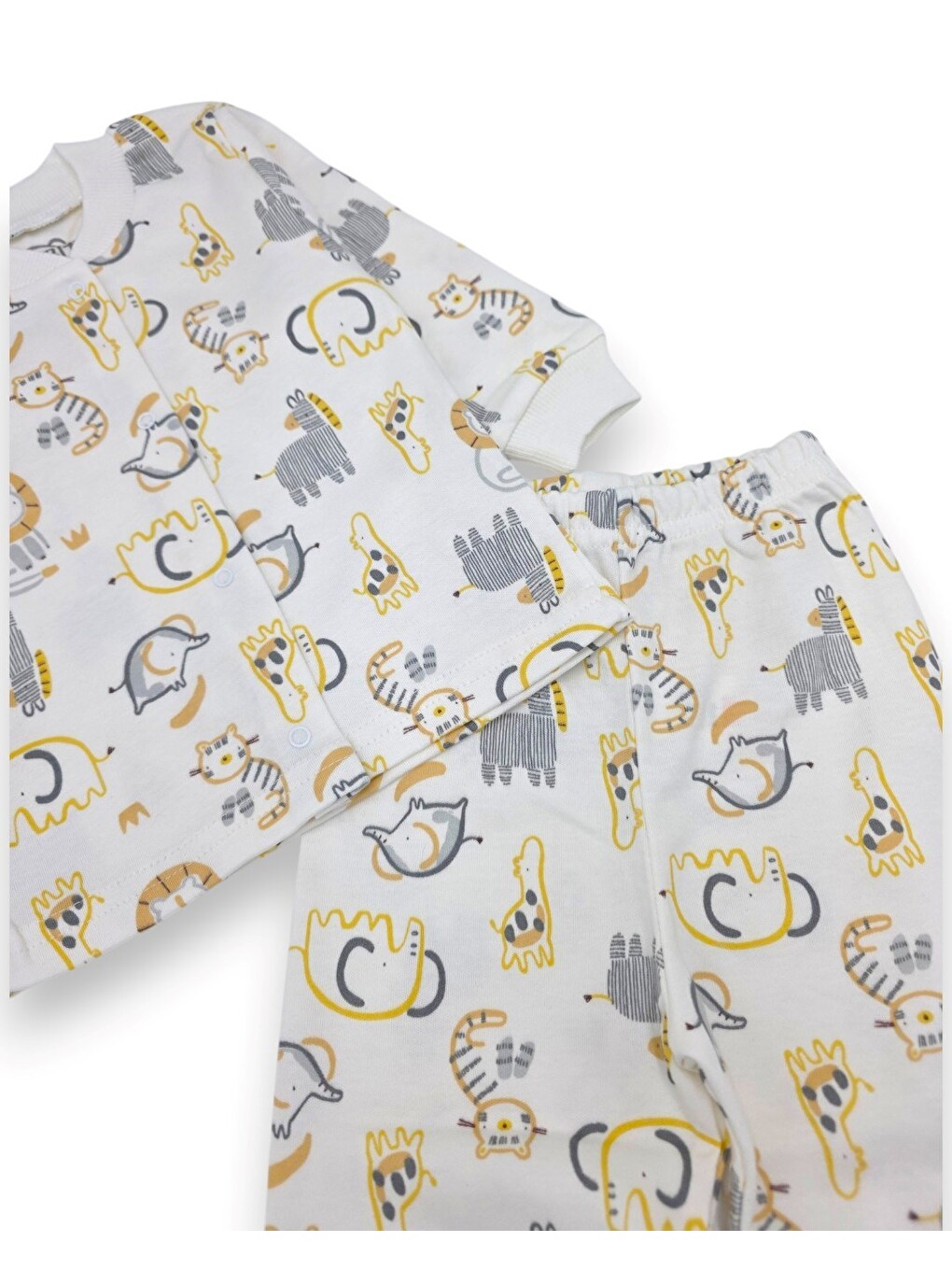 Ekru Erkek Çocuk Çıtçıtlı Hayvanlar Baskılı 0-6 Yaş %100 Pamuklu Mevsimlik Pijama Takımı-5