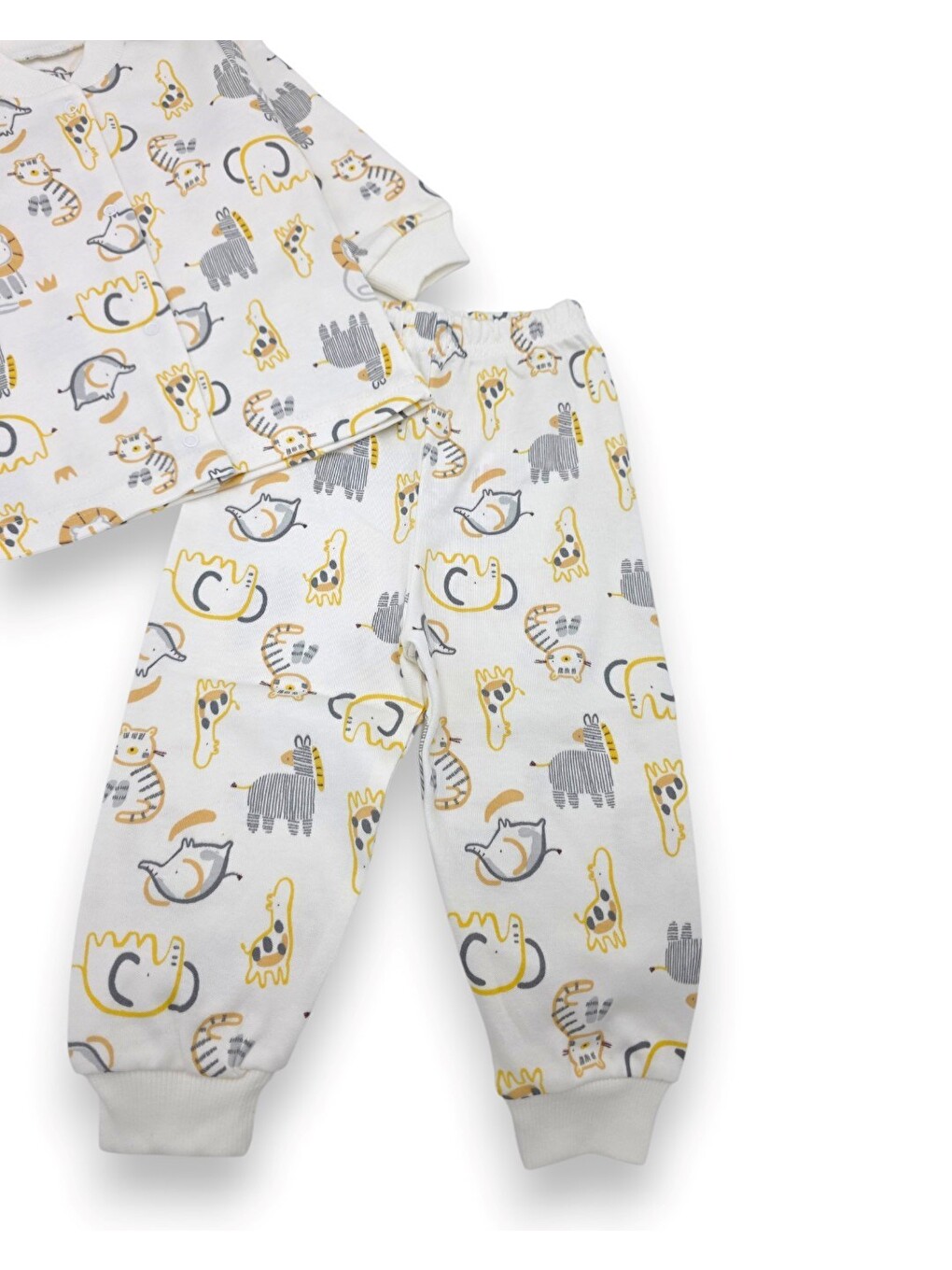 Ekru Erkek Çocuk Çıtçıtlı Hayvanlar Baskılı 0-6 Yaş %100 Pamuklu Mevsimlik Pijama Takımı-6