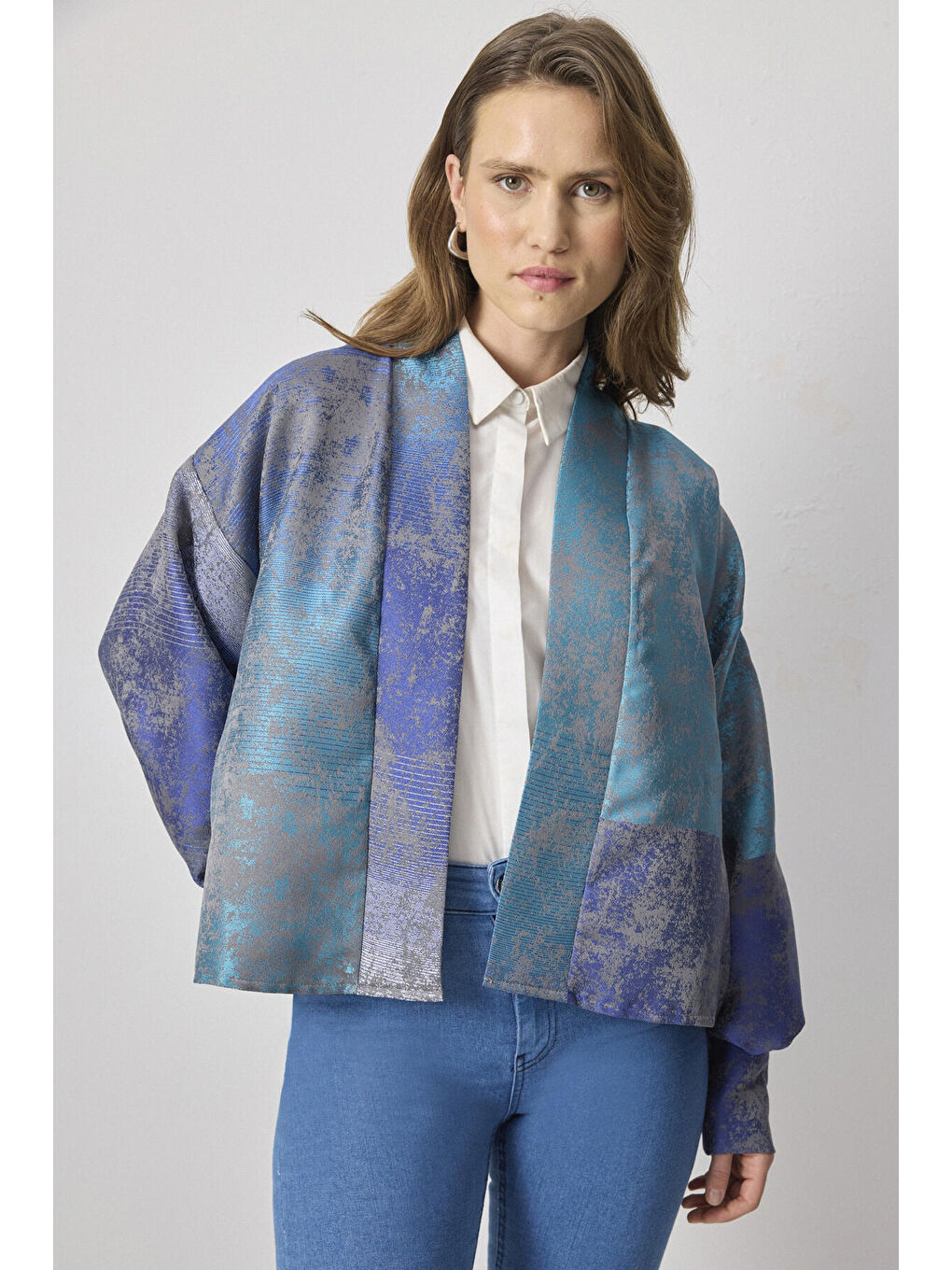 Mavi Desenli Saten Ceket-2