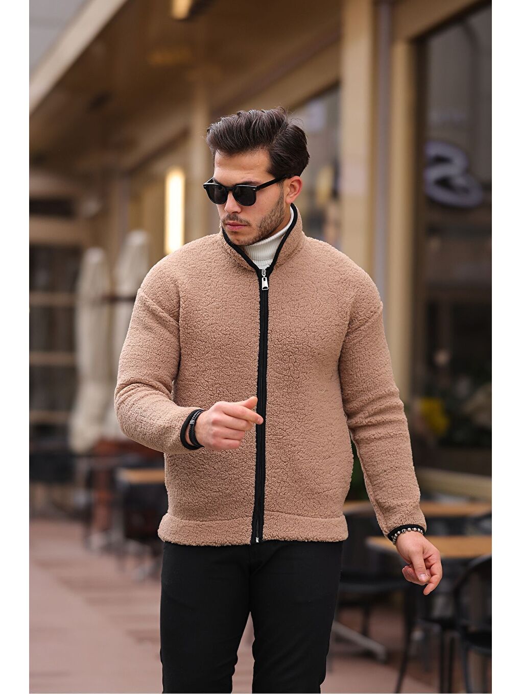 Bej Yan Cepli Tam Fermuarlı Pelüş Sweatshirt-2