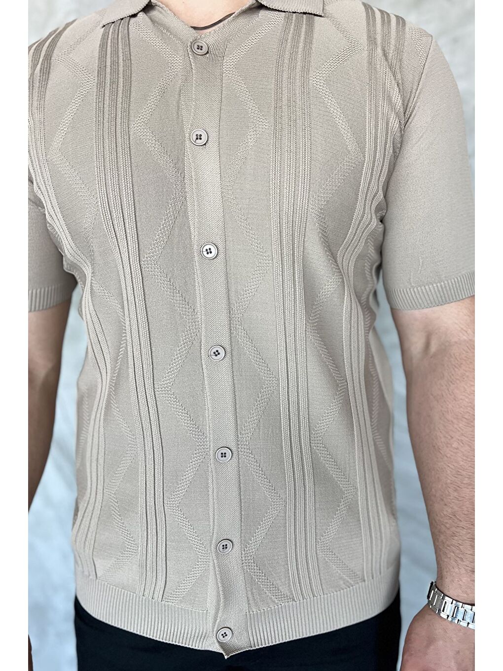 Bej Erkek Desenli Kısa Kol Triko Gömlek-3