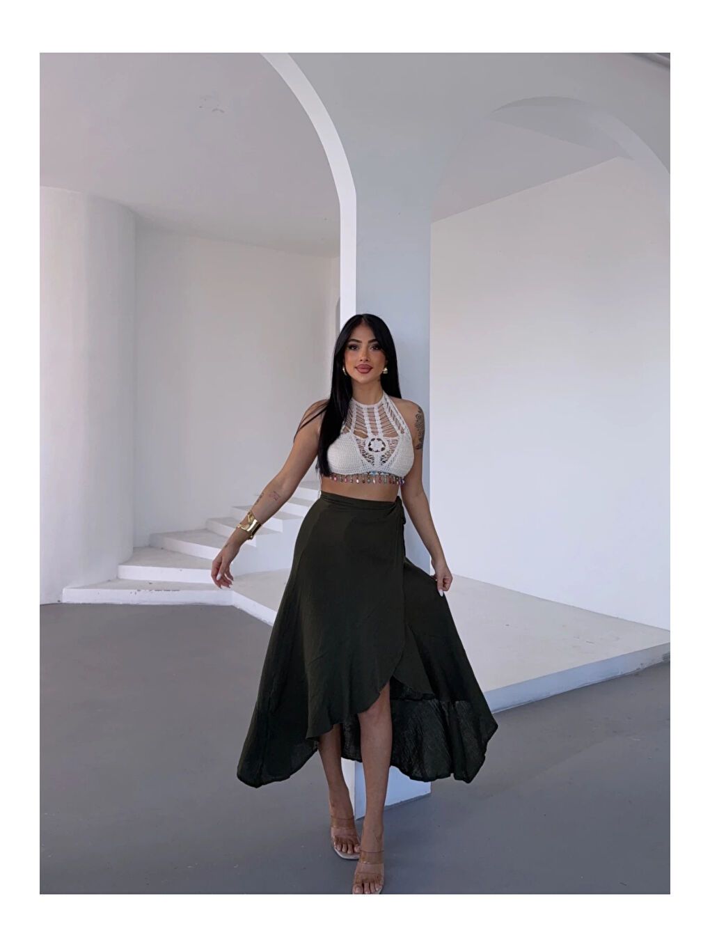 Kadım Haki Belden Bağlamalı Asimetrik Müslin Etek HZL25S-DSB117801-1