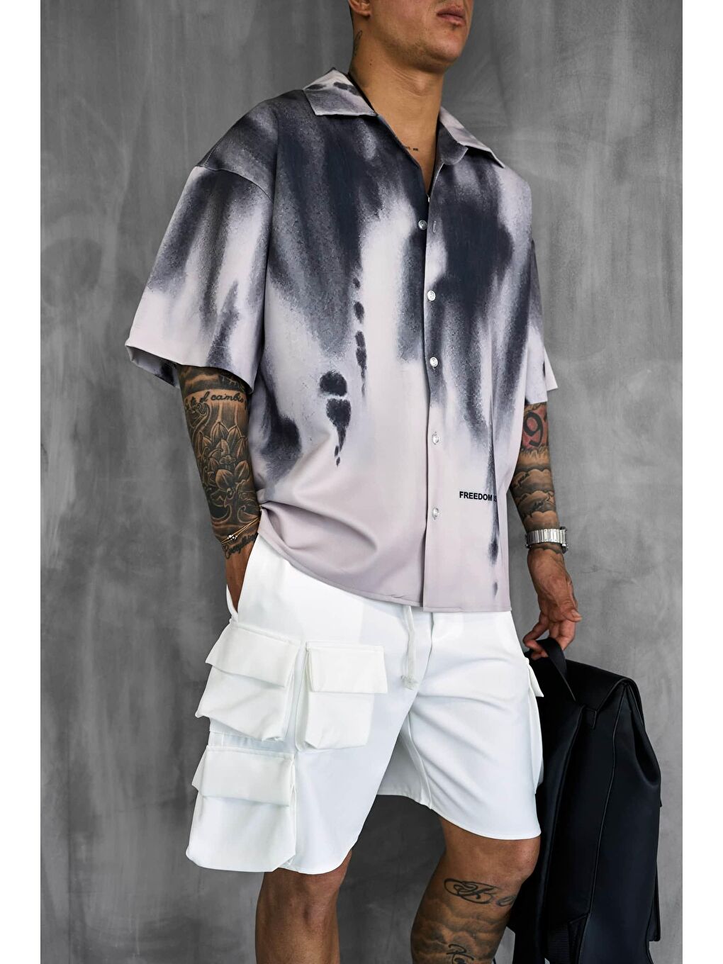 Erkek Süper Oversize Kısa Kollu Desenli Gömlek Siyah-2