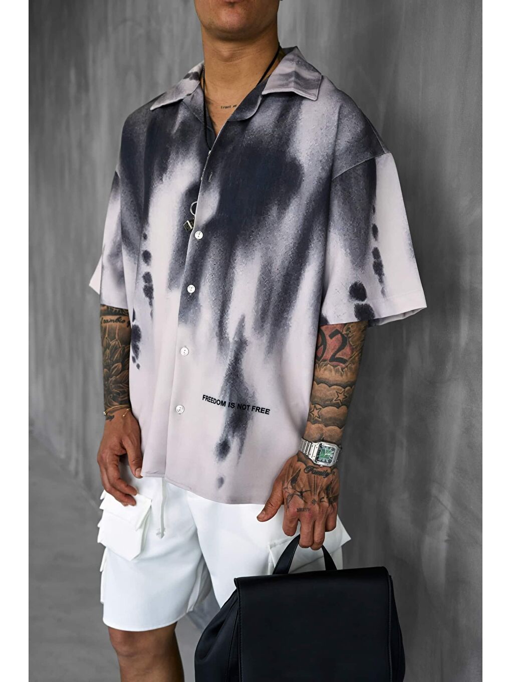 Erkek Süper Oversize Kısa Kollu Desenli Gömlek Siyah-3