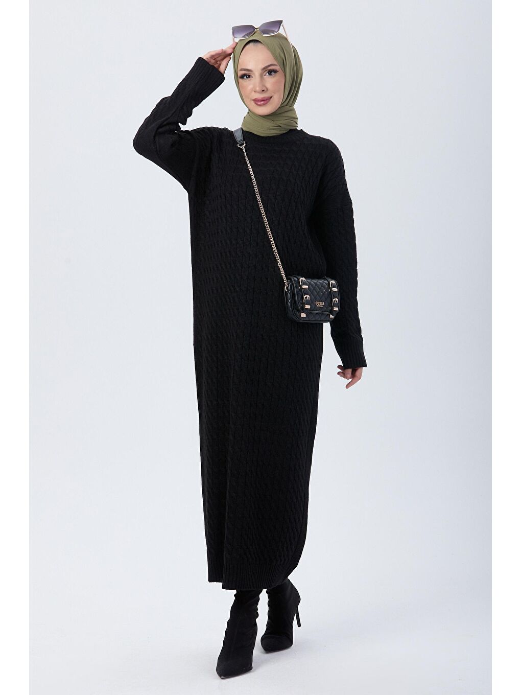 Bisiklet Yaka Kadın Siyah Triko Elbise - 24118