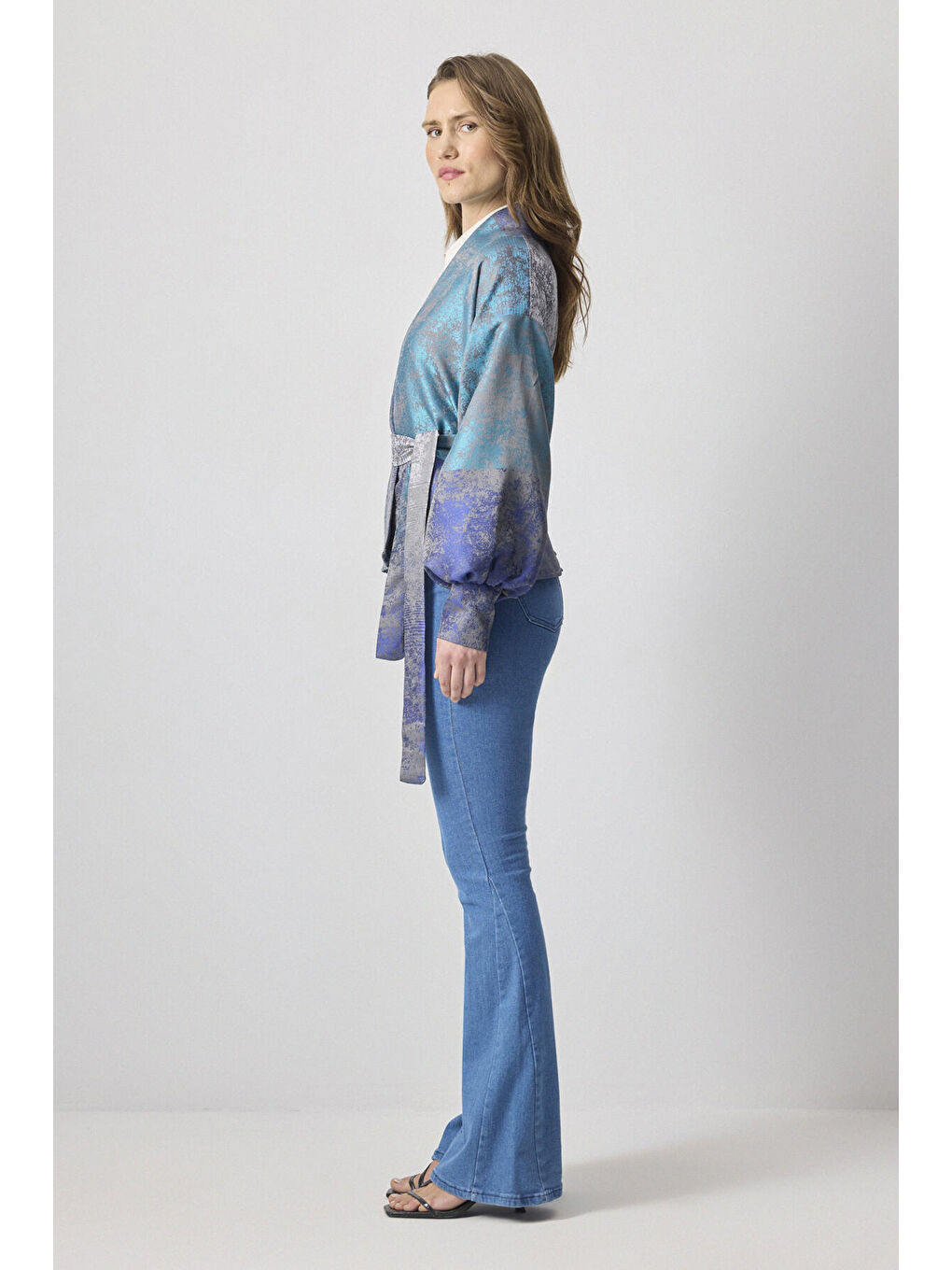 Mavi Desenli Saten Ceket-3