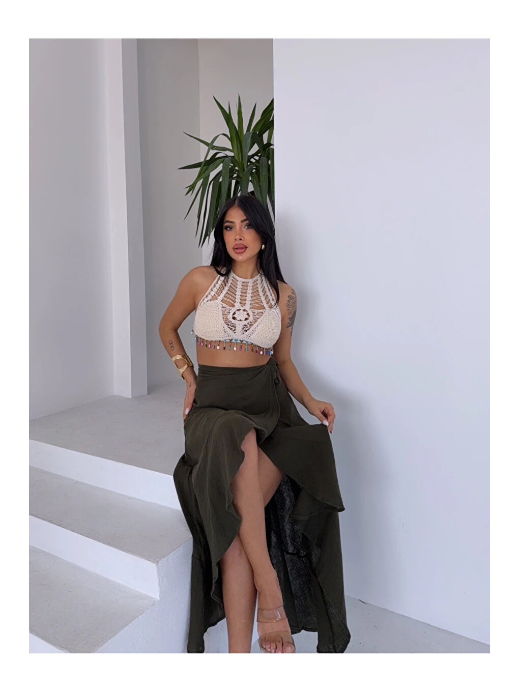 Kadım Haki Belden Bağlamalı Asimetrik Müslin Etek HZL25S-DSB117801-3