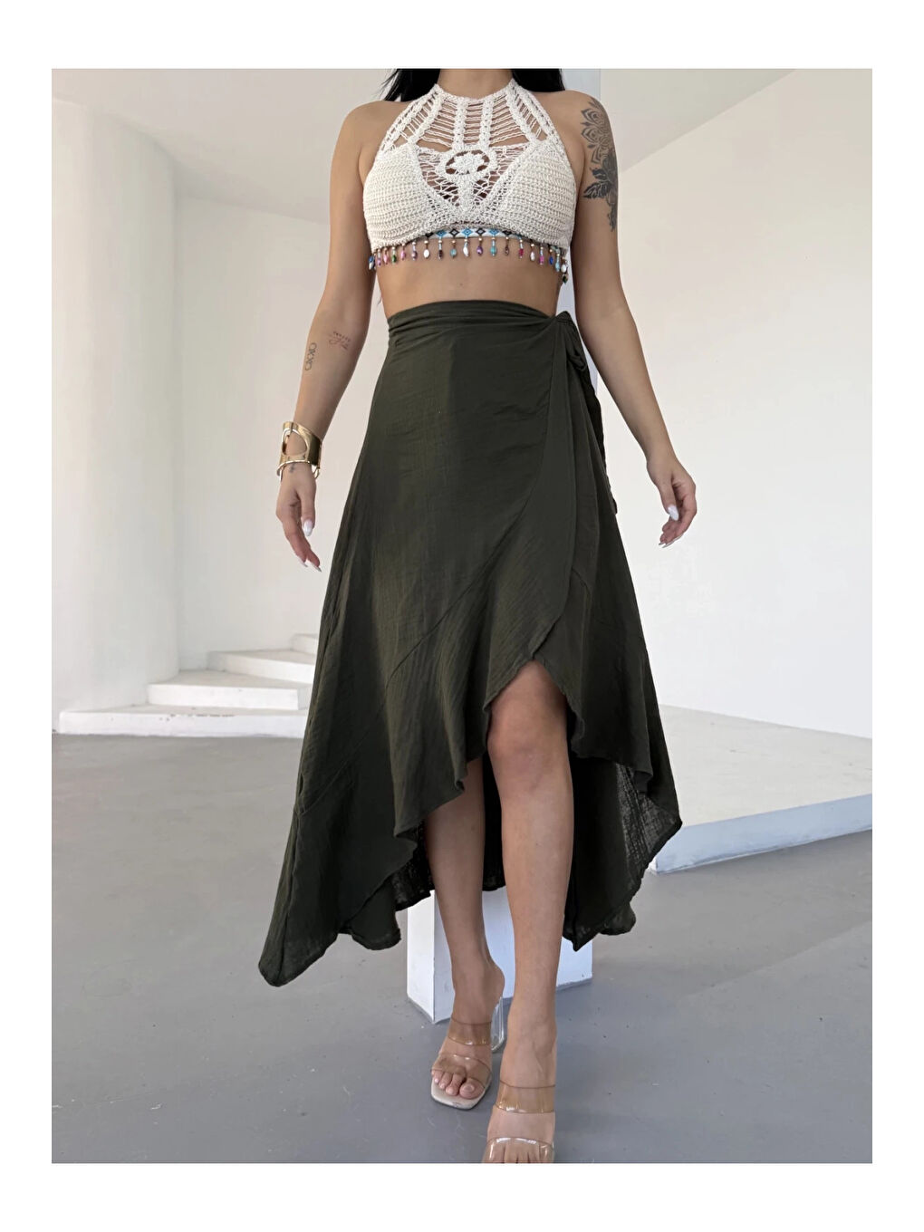 Kadım Haki Belden Bağlamalı Asimetrik Müslin Etek HZL25S-DSB117801-4