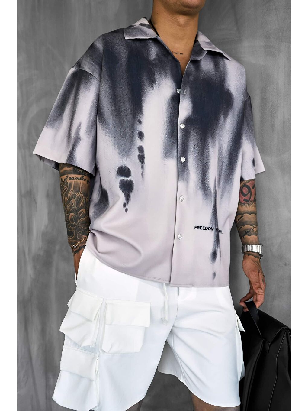 Erkek Süper Oversize Kısa Kollu Desenli Gömlek Siyah-5