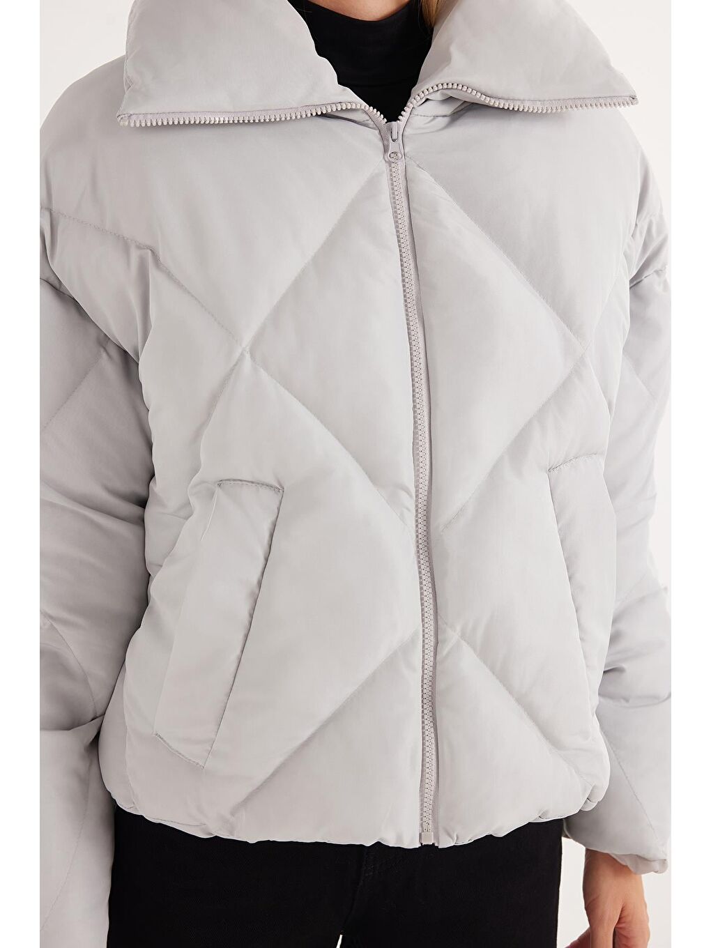 Kadın Oversize Geniş Kesim Şişme Dik Yaka Gri Mont-2